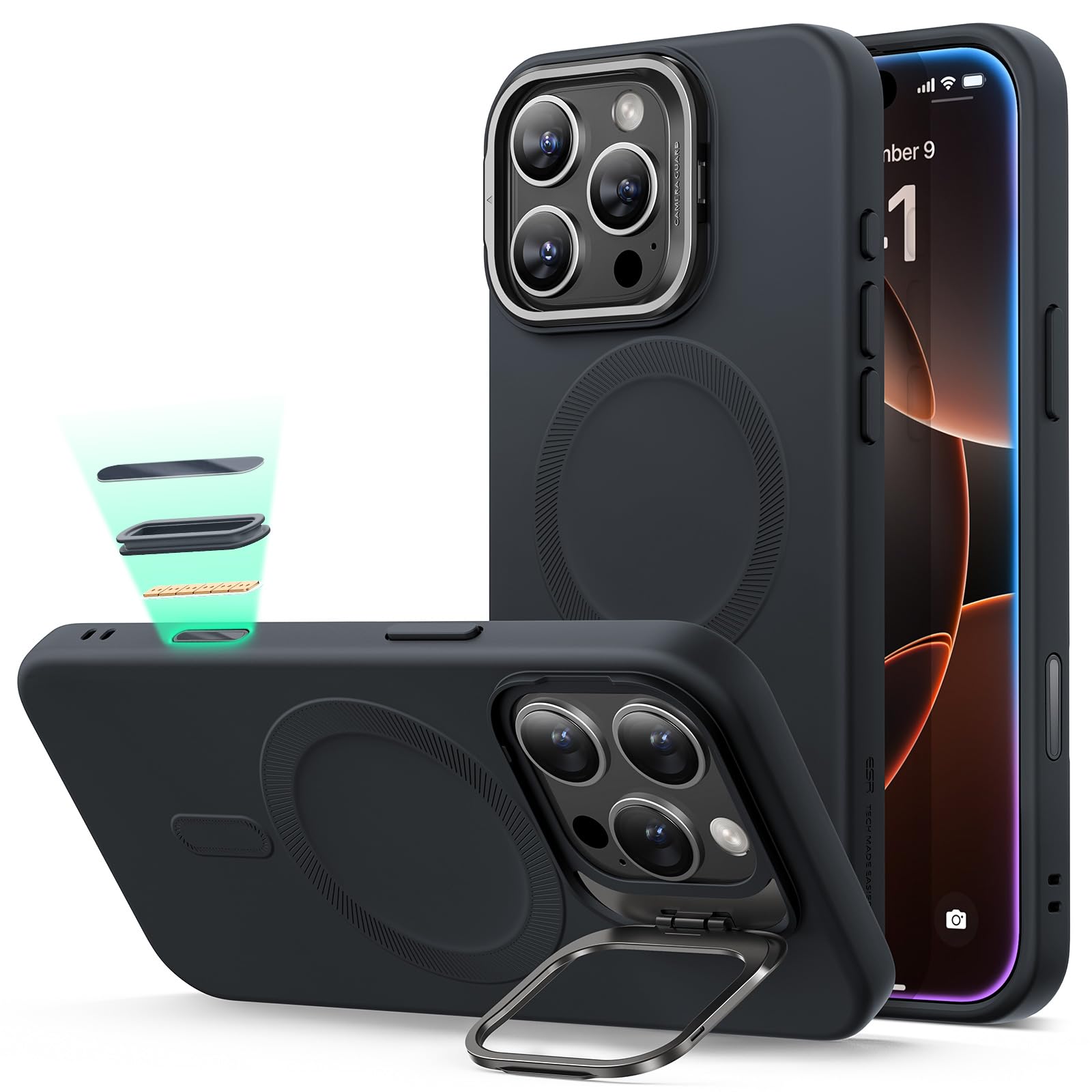 iPhone 16 Pro ケース Magsafe対応 隠しスタンド ブラック mamesmile_ms9bbf4442ca